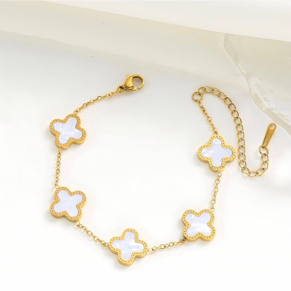 Gold Four Leaf Clover White Chain Link Bracelet